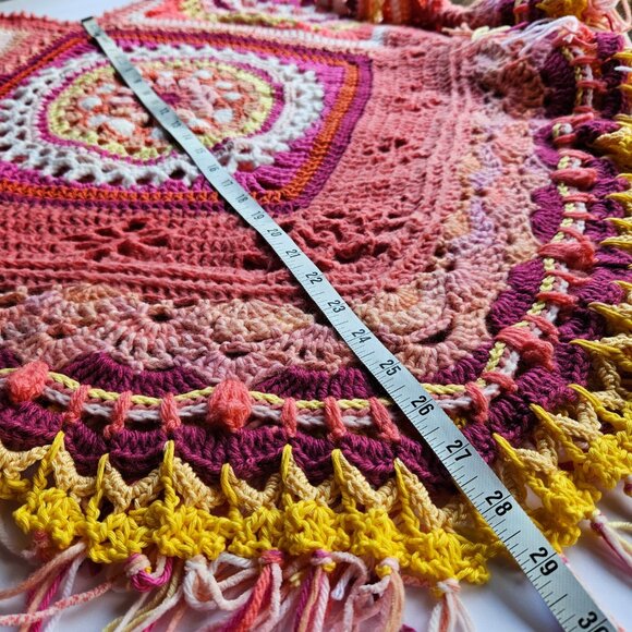 Handmade Crochet Boho Poncho in Orange, Pink, Yellow - Picture 10 of 13